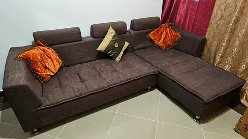 L-shaped dark brown fabric sofa with chaise - good condition