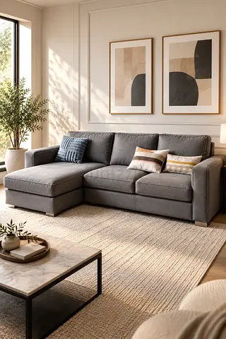 Grey L-shaped Fabric Sofa with Chaise Lounge - Can be converted to bed