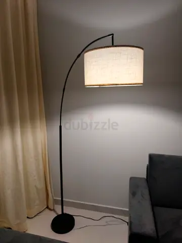Floor arc lamp with fabric drum shade - black base, beige shade