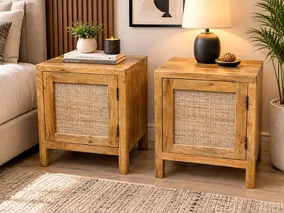 Pair of solid wood bedside cabinets with woven rattan panels