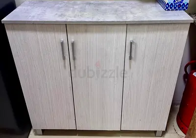 Light Wood 3-Door Storage Cabinet with Concrete-Effect Top