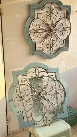 Pair of Decorative Wall Medallions - Distressed Blue Wood & Metal