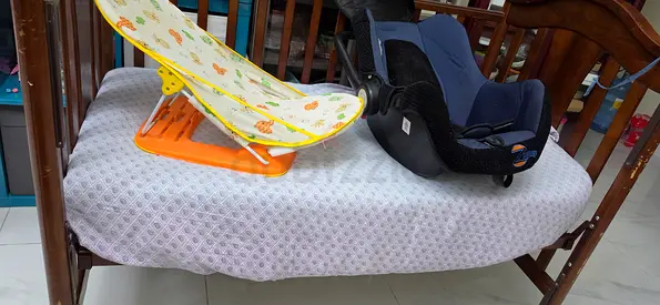 Wooden Baby Crib with Mattress and Accessories (baby cot and shower seat) - Good Condition