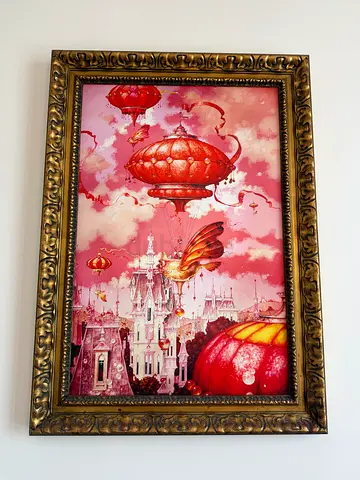 Wooden gold Framed fantasy cityscape print 105 x 78 cm