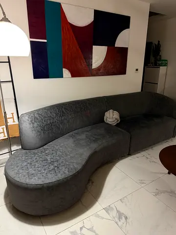 Curved Gray Velvet Sofa - Modern Four-Seater