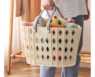 Foldable Plastic Storage Basket with Handles - Lightweight Laundry/Storage Bin