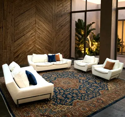 Large Traditional Persian-Style Area Rug in Blue and Rust