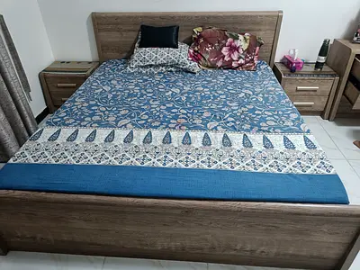 King wooden bed frame with bedside tables,one 6 huge drawers dressing table and tv unit with tv