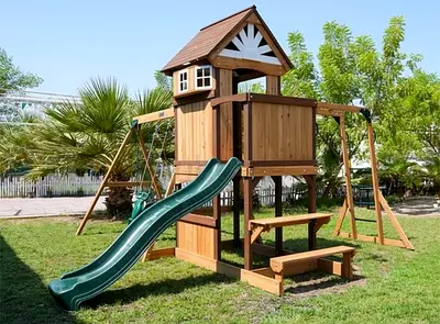 Wooden Swing Set & Playhouse, Outdoor Adventure Playset, Wooden Roof, Weather-Resistant