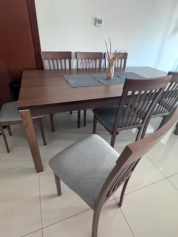 Solid Wood 6-Seater Dining Table with Cushioned Chairs