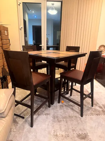 Wooden 5-Piece High Dining Table Set with Tile Top look — Good Condition