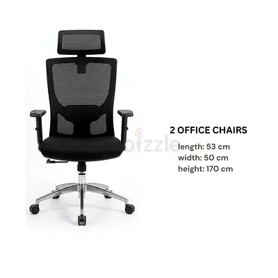 Set of 2 ergonomic black mesh office chairs with headrest