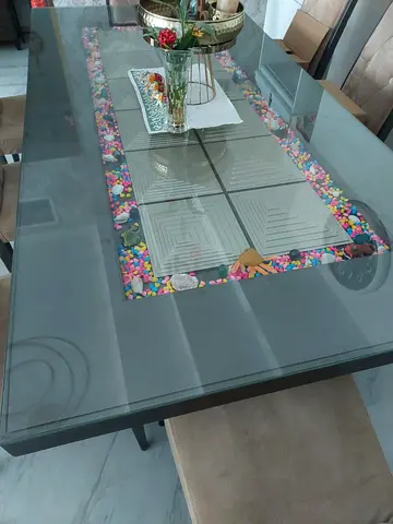 Glass Top Dining Table with Center Display and 8 Chairs
