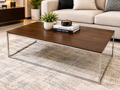Crate and barrel Modern Walnut Coffee Table with Chrome Frame - Excellent Condition