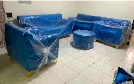 Blue 3-piece Sofa Set with Ottoman — Good Condition, Wrapped for Protection