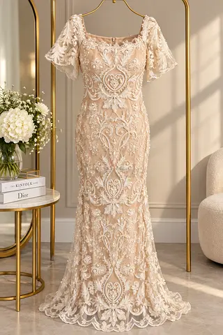 Beige Lace Embroidered Evening Gown - Size small