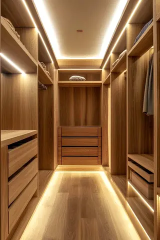 Modern Wooden Walk-in Closet with Integrated LED Lighting