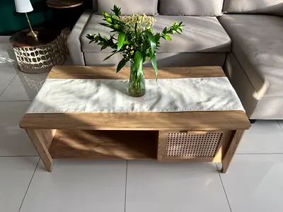 Solid wood coffee table with storage and cane door - light oak