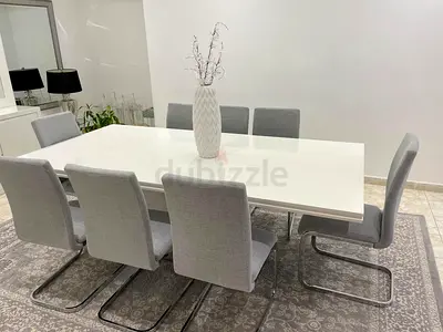 White Gloss Dining Table with 8 Grey Cantilever Chairs