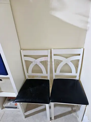 Set of 2 White Wooden Dining Chairs with Black Seats