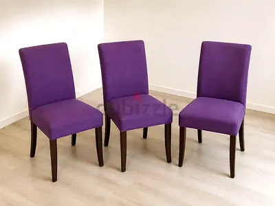Set of 3 Purple Upholstered Dining Chairs with Wooden Legs