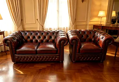 Classic Chesterfield Leather Sofa and Armchair Set - Brown