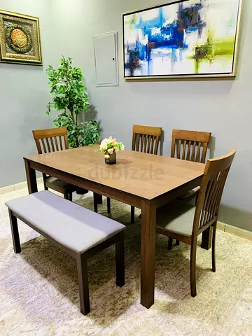 Wooden 6-Seater Dining Table with Bench and 4 Chairs - Good Condition