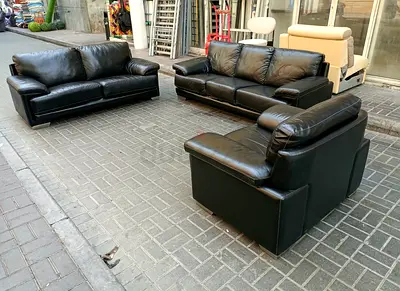 Black Leather 3-Piece Sofa Set — 2x 3-seater + 1x Armchair, Good Condition
