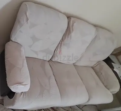 Comfortable 3-seater leather sofa with fabric cover, light beige, foam and hydraulics-good condition
