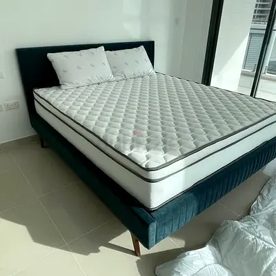 Blue Upholstered King Bed + Mattress