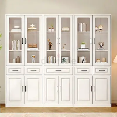 White Display Bookcase with Glass Doors and Storage Drawers