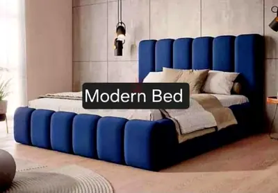 Modern Upholstered Blue Bed Frame with Ribbed Design included spring matress