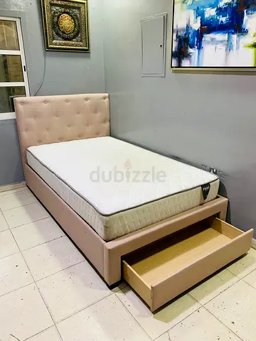 Single Upholstered Bed with Headboard and Underbed Drawer - Light Pink