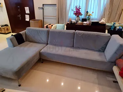 Modern Grey/Blue L-Shaped Sofa with Metal Legs