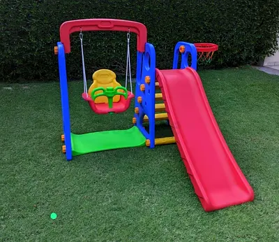 Kids Outdoor Playset with Slide, Swing and Basketball Hoop