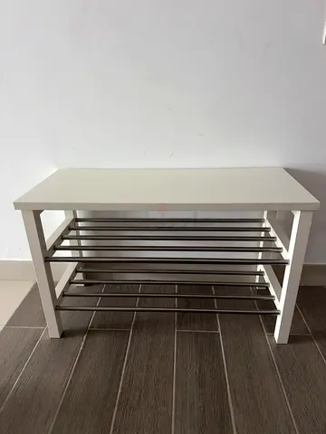 White wooden shoe rack with metal rails - compact storage unit