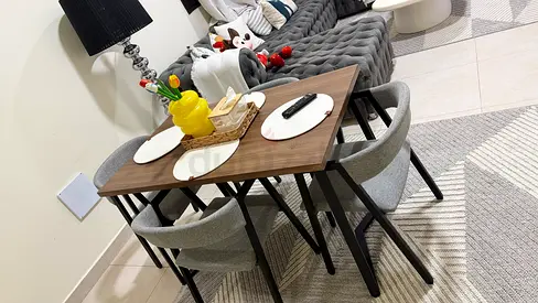 Compact 4-Seater Dining Set with Upholstered Chairs - Walnut Top