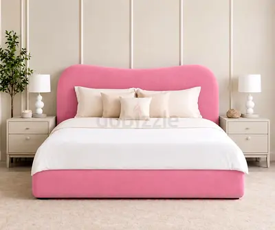 Pink Upholstered Double Bed with Curved Headboard