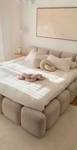 Custom Comfortable low-profile upholstered bed with soft boucle fabric (queen)