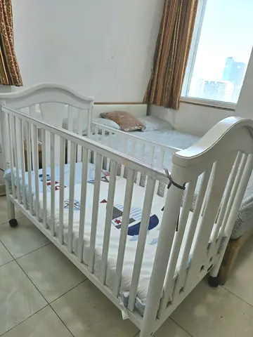 Juniors White Wooden Baby Crib - Good Condition, Mattress Included