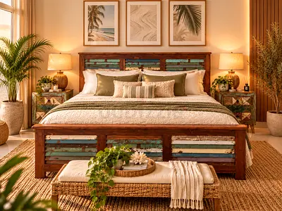 Marina Home | Solid Wood Vintage Bedset with Slatted Headboard and Footboard