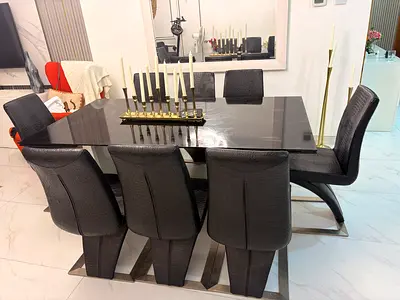 Modern Black Glass Dining Table with 8 Upholstered Chairs