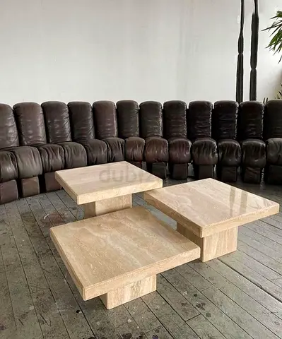 Modern Custom Travertine AND marble Coffee Table with Rectangular Stone Top and Sculptural Solid Bas