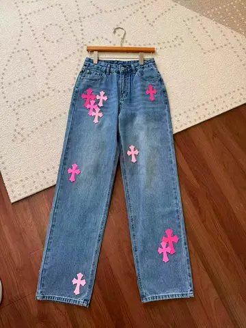 Chrome hearts Women's straight-leg blue jeans with pink cross patches