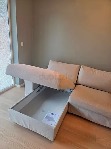 Light beige fabric storage sofa (corner) with under-seat compartment