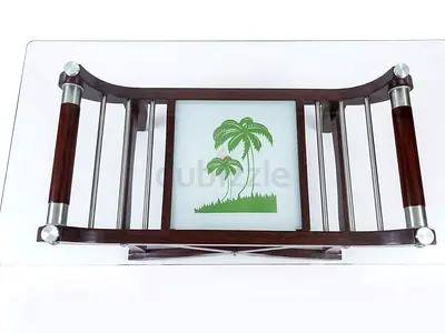 Glass Top Coffee Table with Wooden Frame and Metal Accents