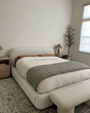 Modern upholstered double bed with bedside tables and bench - neutral boucle set