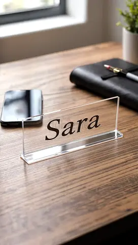 Acrylic Desk Nameplate - 'Sara' (Clear, Free-standing)