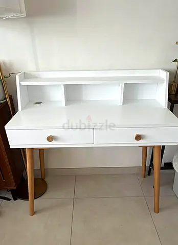 White wooden study desk with top shelf and drawers — good condition