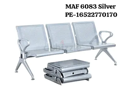 3-Seat Metal Waiting Room Bench - Silver, Stackable